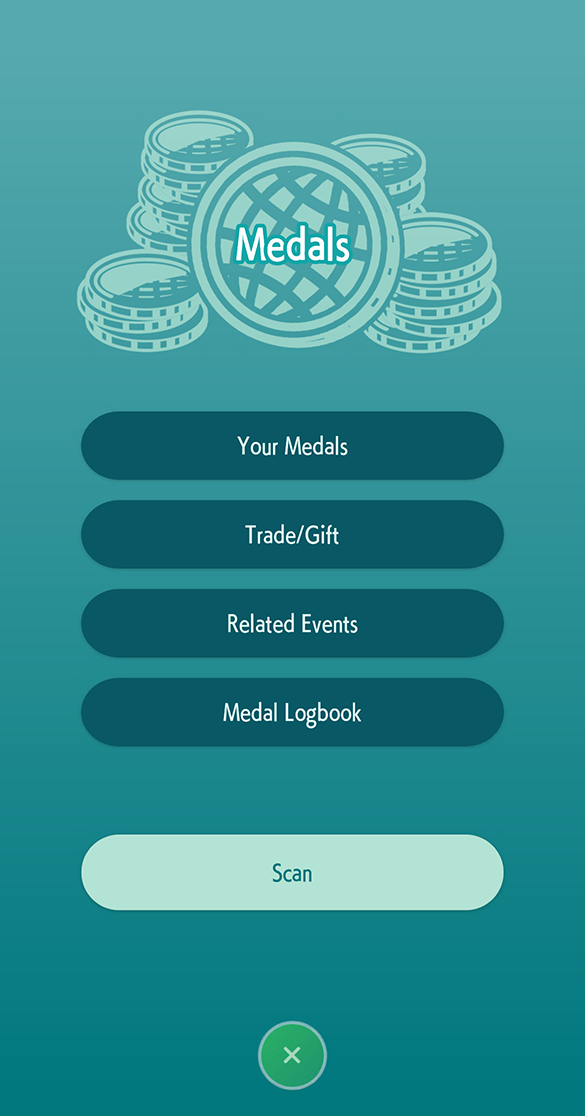 Medals - Your Medals, Trade/Gift, Related Events, Medal Logbook, Scan